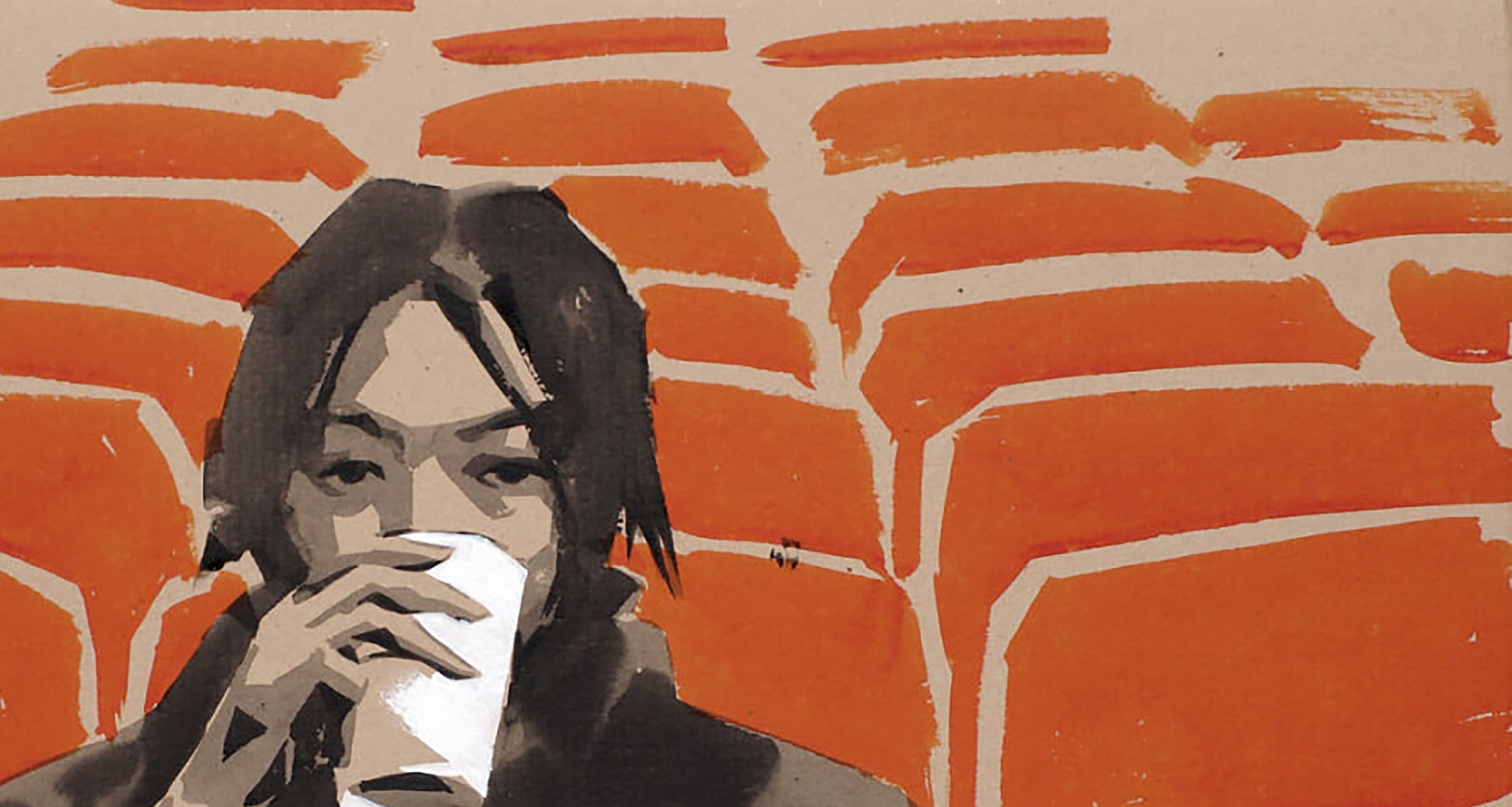 Stylized acrylic painting Moviegoer by Dima Filatov with cup on orange brick wall