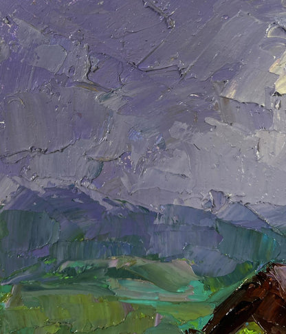 Oil painting of horses grazing peacefully by Boris Serdyuk in purple green impasto