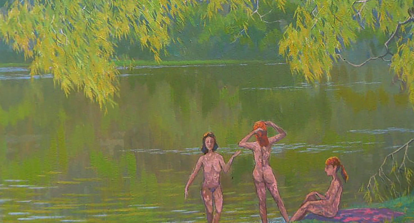 Serene oil painting Memories of Summer by Valery Savenets: nude figures in green lake