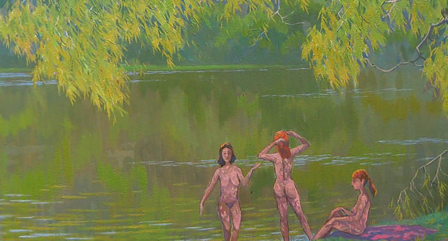 Serene oil painting Memories of Summer by Valery Savenets: nude figures in green lake