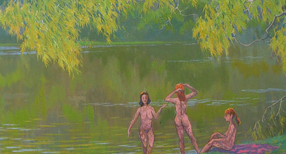 Serene oil painting Memories of Summer by Valery Savenets: nude figures in green lake