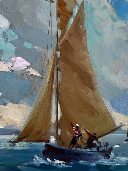 Oil painting by Yuriy Suprunchuk: tall tan sail billows above dark wooden boat