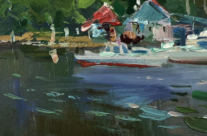 Vibrant oil painting of village boats on a ferry by Yuriy Suprunchuk