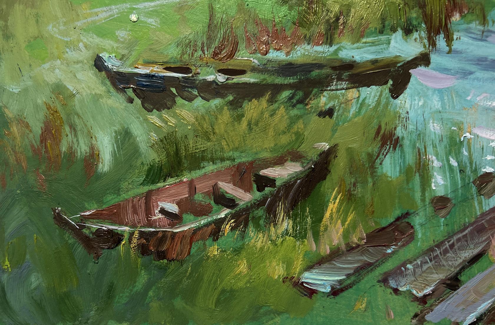 Oil painting River melancholy by Yuriy Suprunchuk: two weathered rowboats on grassy bank
