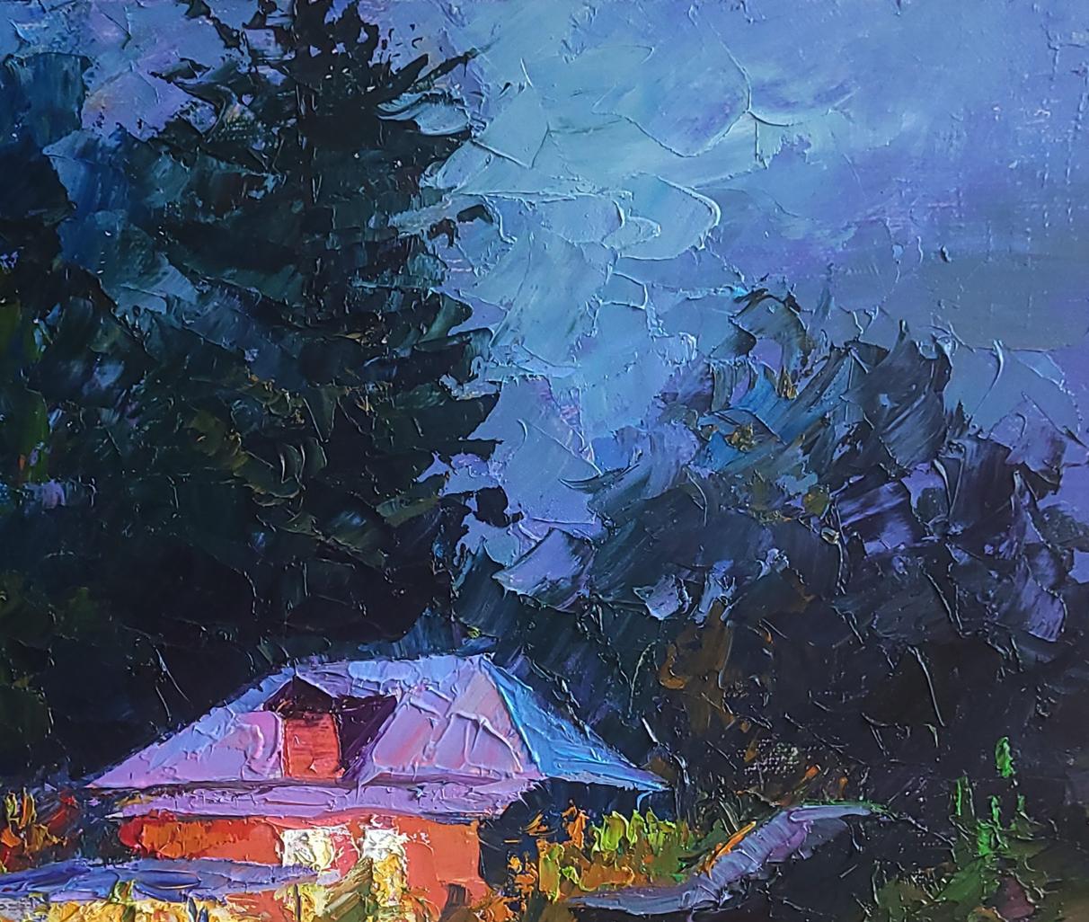 Oil painting Evening by Boris Serdyuk: cozy red house with purple roof among trees