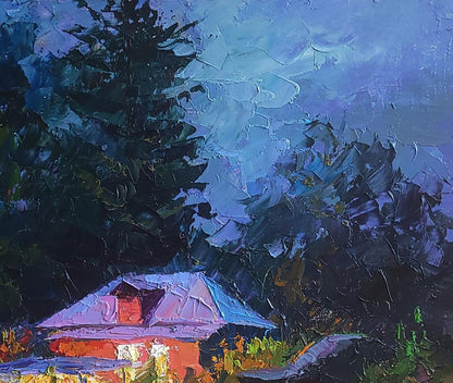Oil painting Evening by Boris Serdyuk: cozy red house with purple roof among trees