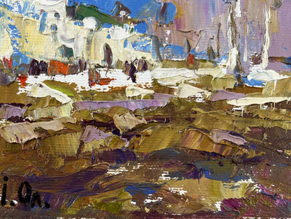 Oil painting Breath of Spring by Oleksiy Ivanyuk coastal village scene