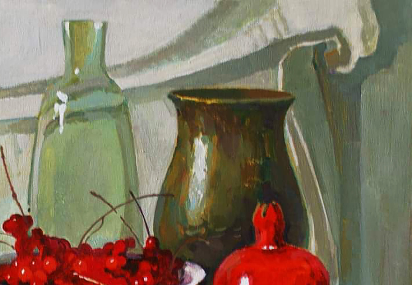 Oil painting of glossy red pomegranate with viburnum by Anastasia Yaroshevich