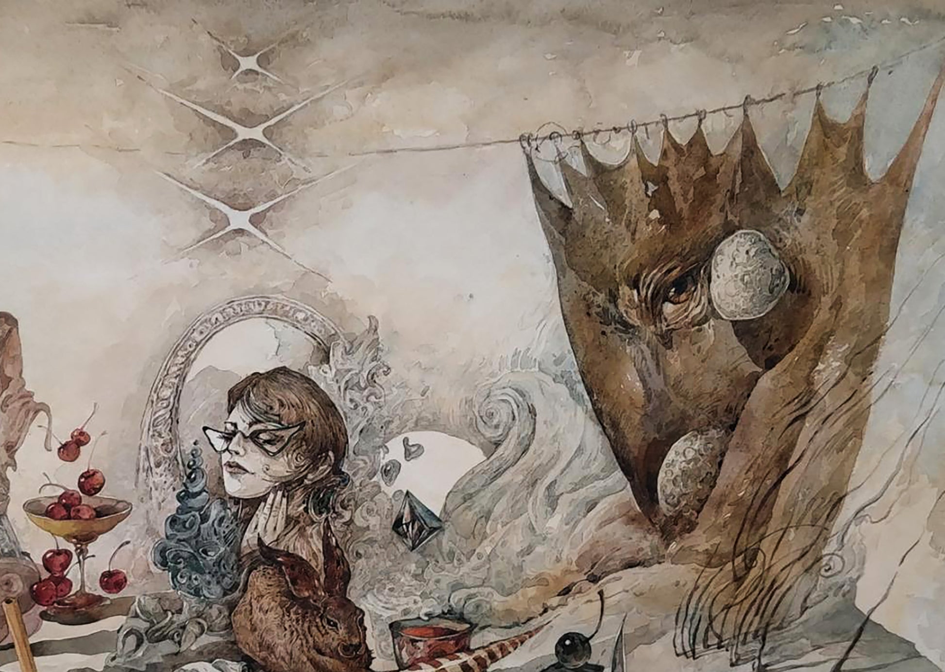 Surreal watercolor of woman by Dürer’s Rabbit mirror with crowned creature