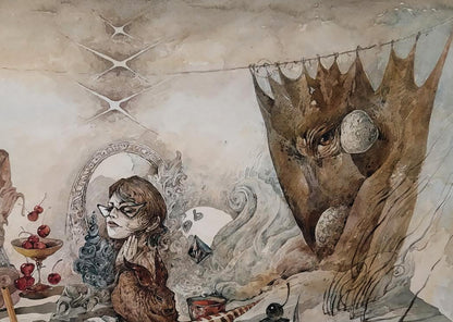 Surreal watercolor of woman by Dürer’s Rabbit mirror with crowned creature
