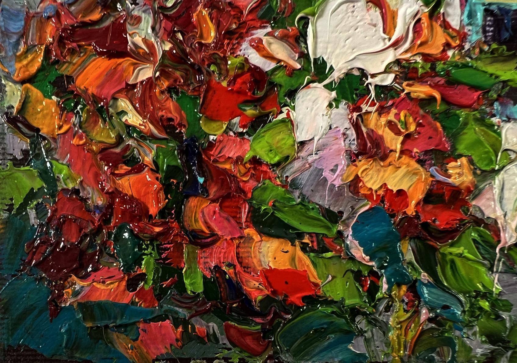 Vibrant oil painting Flowers near the house by Oksana Ivanyuk with textured reds greens oranges whites