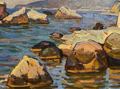 Oil painting Sea shore Grigoriy Ruban: sunlit rocks in turquoise water
