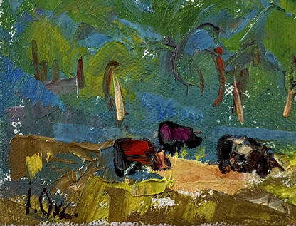Impressionistic oil painting of cows in field with old house by Oksana Ivanyuk