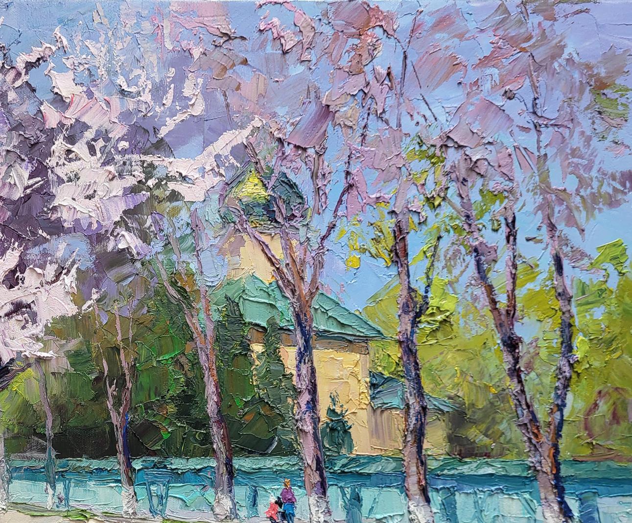 Vibrant oil painting Apricot blossom by Boris Serdyuk with yellow building and pink blossoms