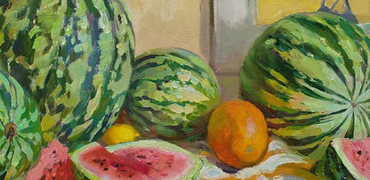 Oil painting Table of watermelons by Leonid Pavlenko vibrant still life