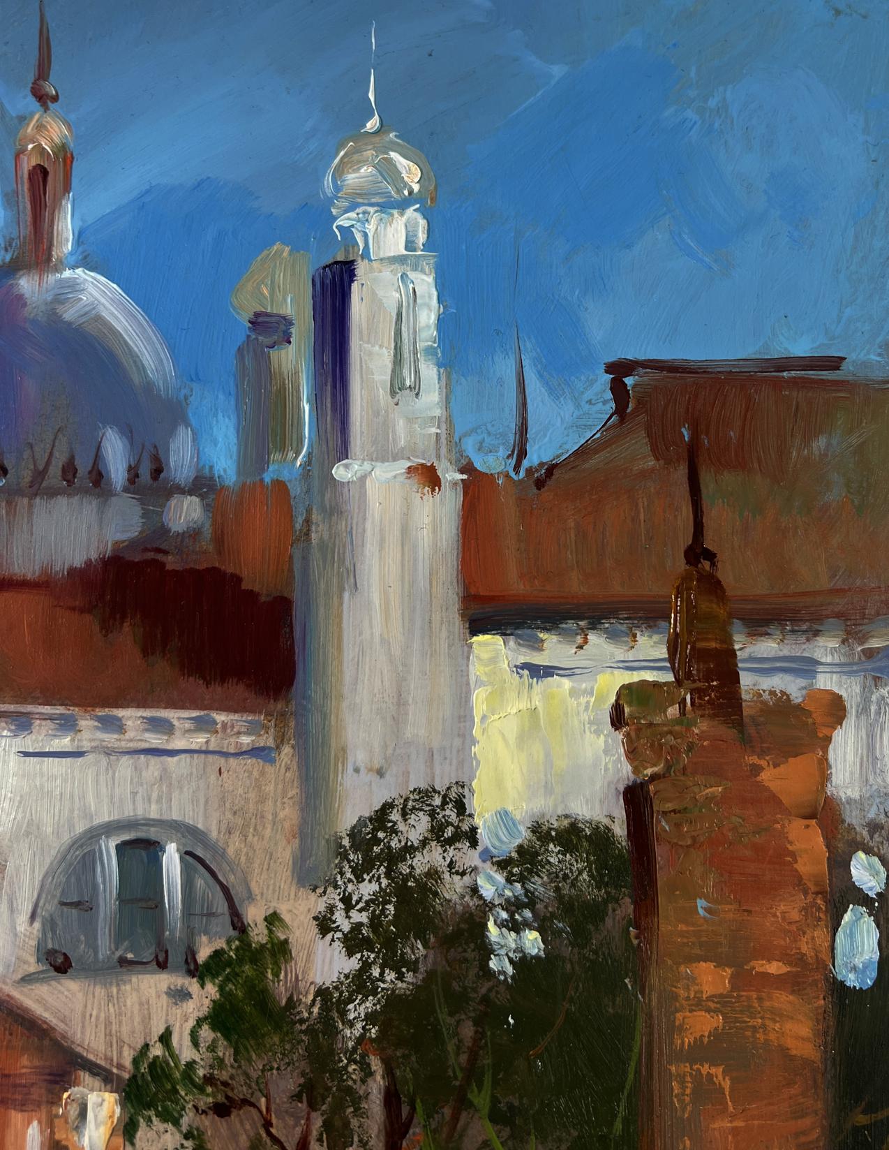 Tall white minaret with domed top and stripes by Yuriy Suprunchuk oil painting