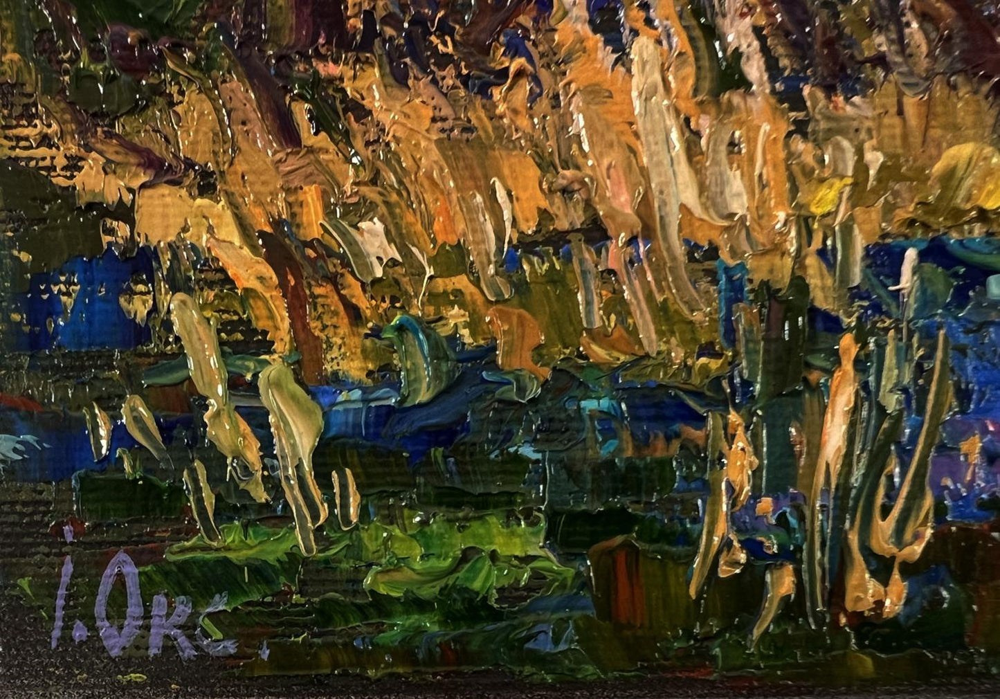 Oil painting Boat in the swamp by Oksana Ivanyuk, impasto yellows and blues