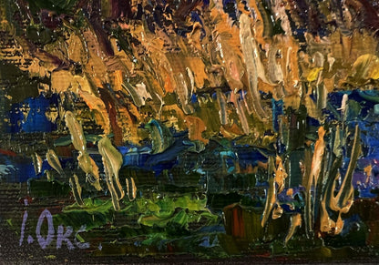 Oil painting Boat in the swamp by Oksana Ivanyuk, impasto yellows and blues