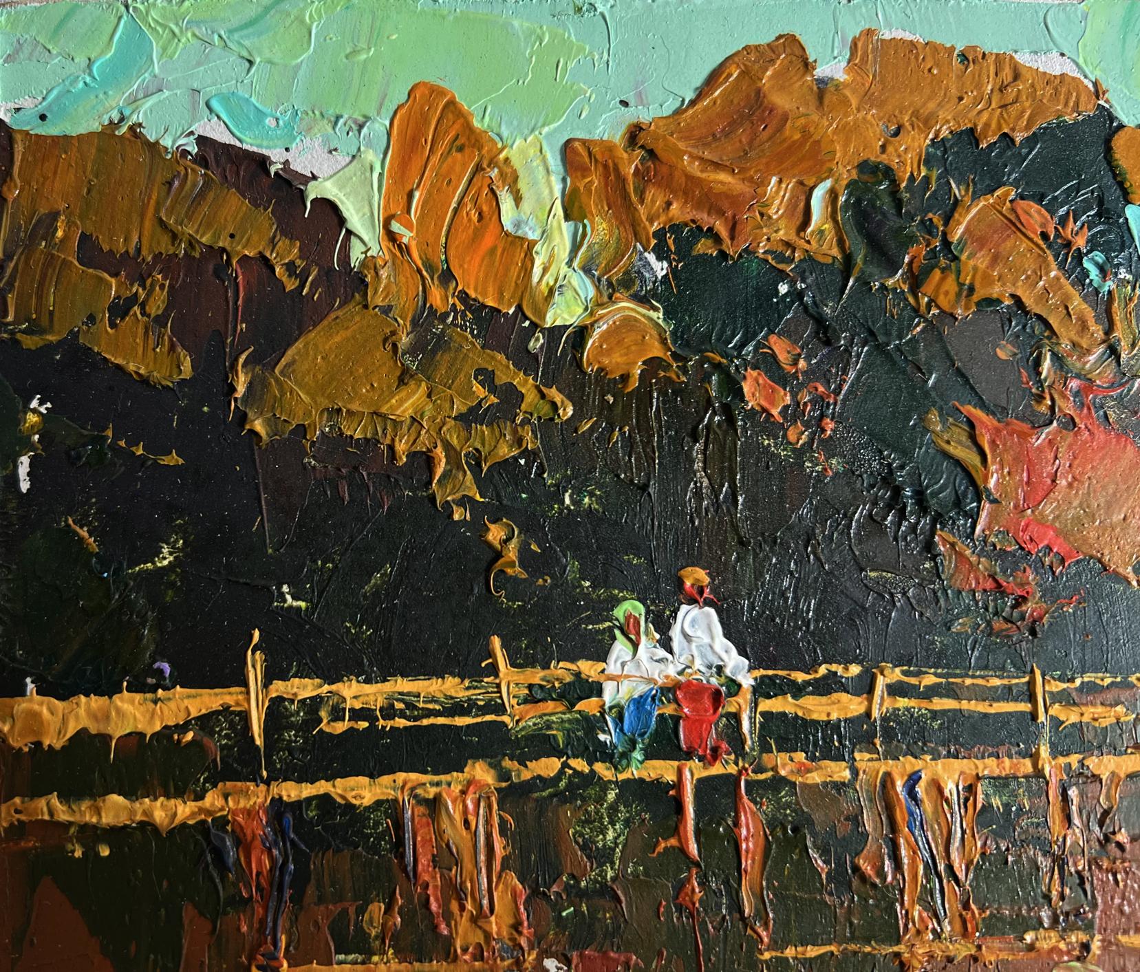 Oil painting Walking on the river bridge by Oksana Ivanyuk