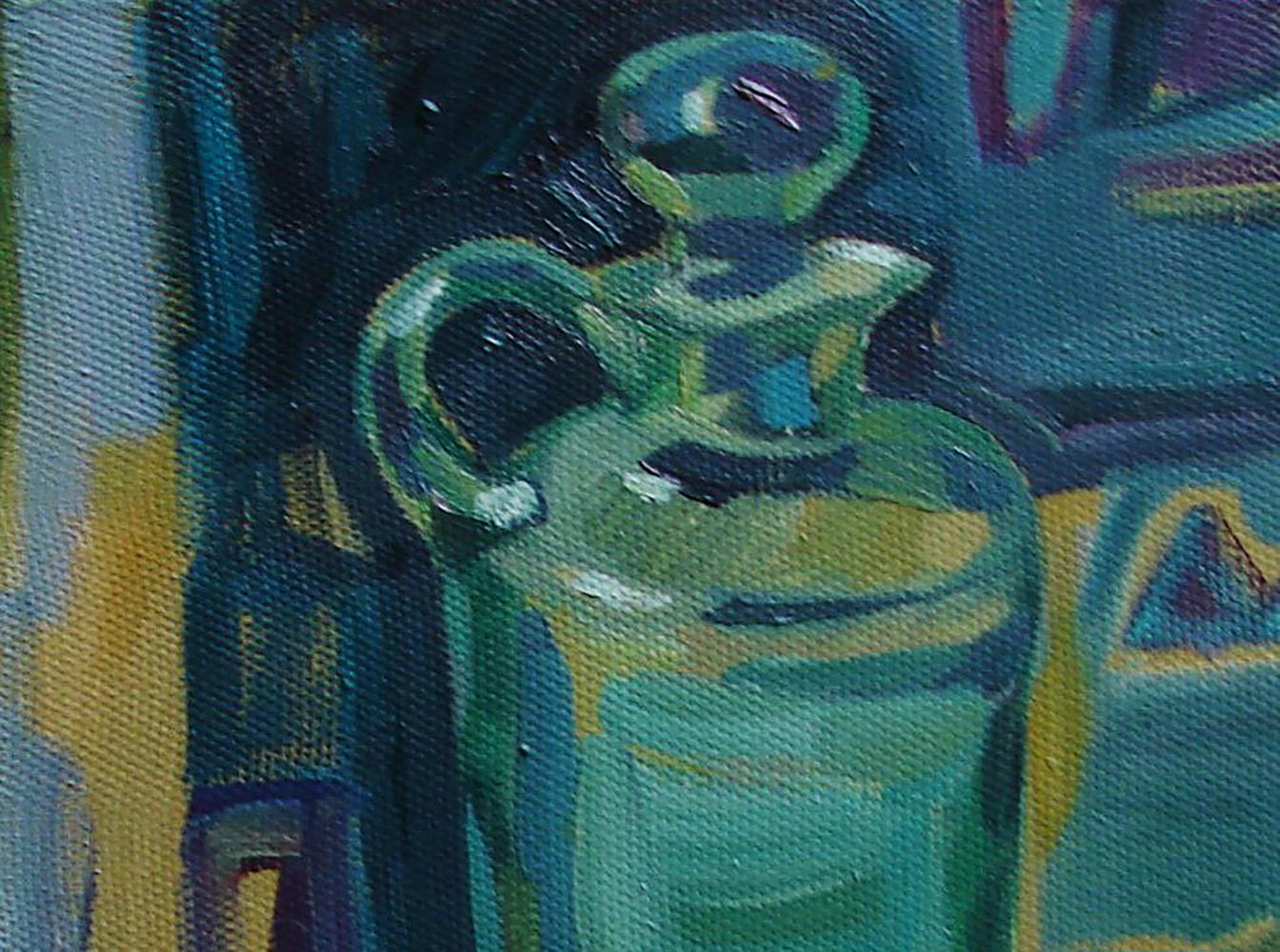 Impressionistic oil painting of green glass decanter by Tatyana Shulyak