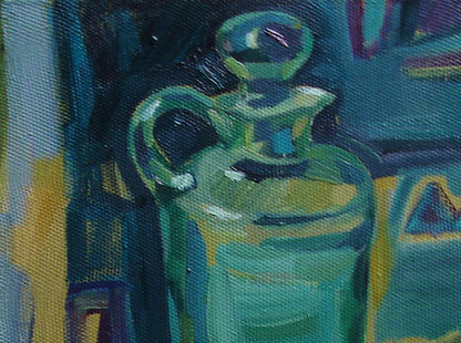 Impressionistic oil painting of green glass decanter by Tatyana Shulyak
