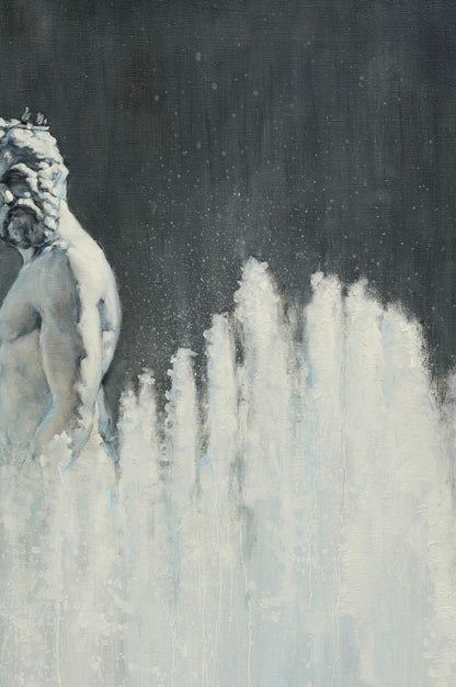 Monochromatic oil painting Neptuno by Oleg Kateryniuk muscular bearded figure in waves
