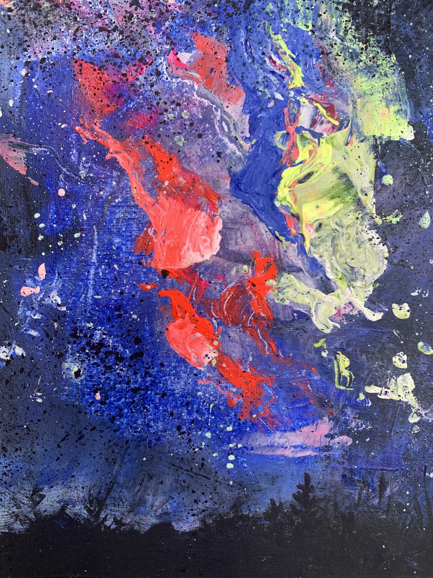 Vibrant Love Night oil painting by Tatyana Derdey with bold red blue yellow splashes