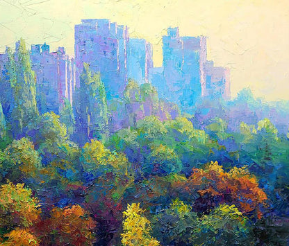 Oil painting Morning in the city by Boris Serdyuk vibrant skyline through trees