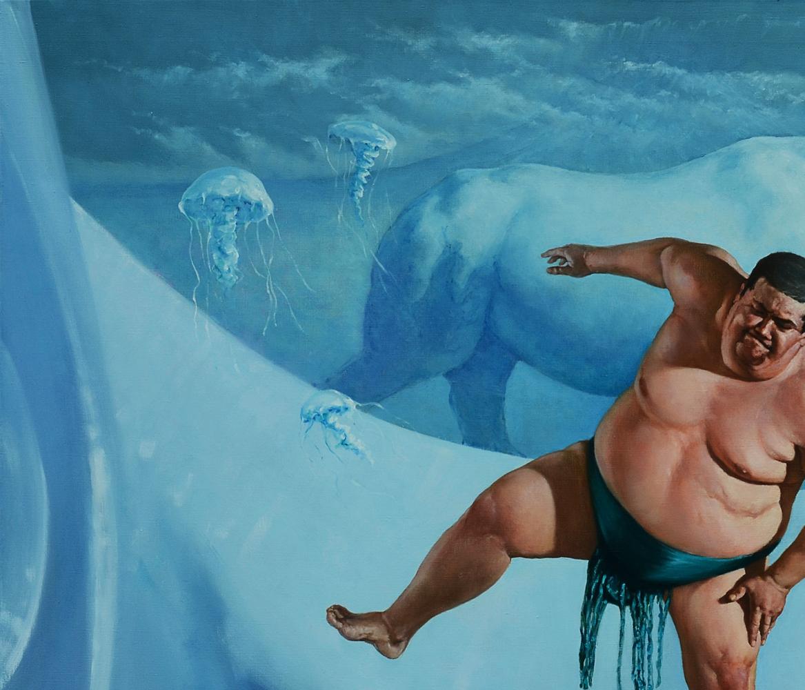 Sumo wrestler in teal mawashi leaps in icy landscape with jellyfish by Oleg Kateryniuk