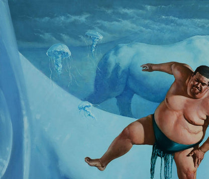 Sumo wrestler in teal mawashi leaps in icy landscape with jellyfish by Oleg Kateryniuk