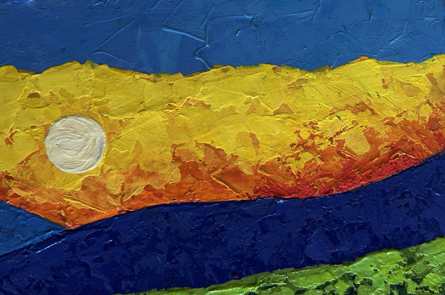 Vibrant oil painting of plowed field and blazing yellow-orange sunset by V. Zadorozhnya