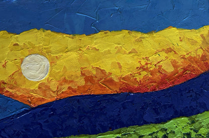 Vibrant oil painting of plowed field and blazing yellow-orange sunset by V. Zadorozhnya
