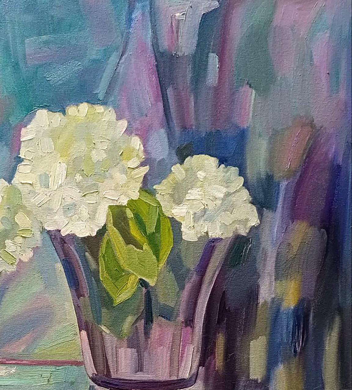 Oil painting of translucent purple vase with white hydrangeas by Tatyana Shulyak