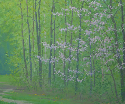 Serene April forest oil painting by Valery Savenets with pink blossoms