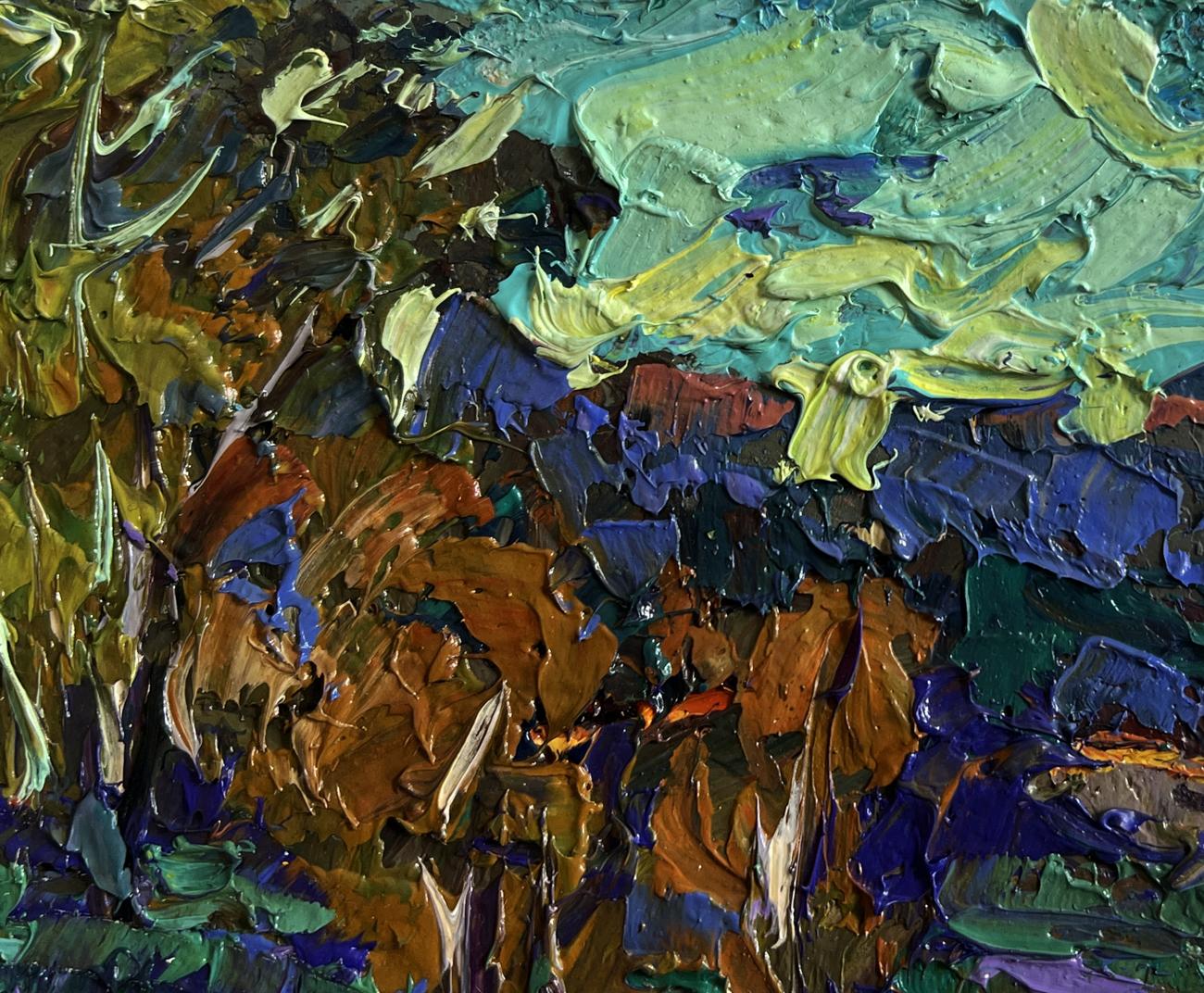 Oil painting Evening autumn wind by Oleksiy Ivanyuk, textured teal impasto