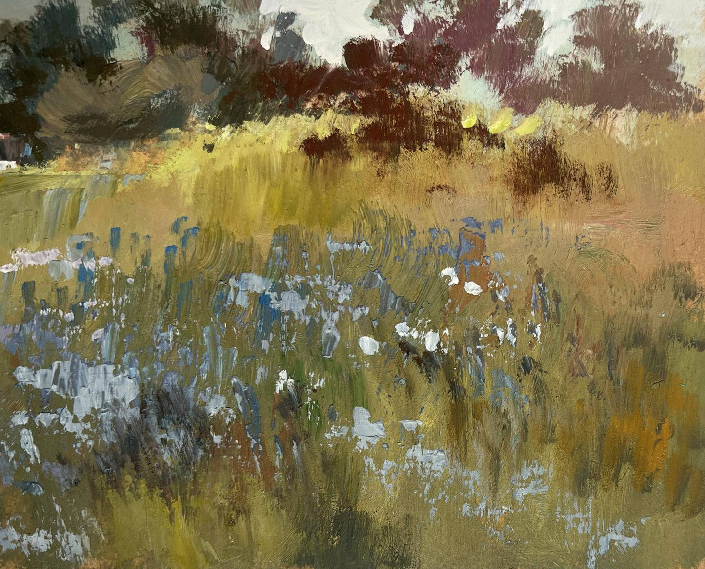 Textured impressionist oil painting of golden grass meadow with wildflowers by Yuriy Suprunchuk