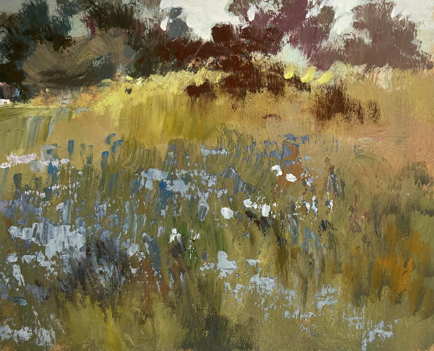 Textured impressionist oil painting of golden grass meadow with wildflowers by Yuriy Suprunchuk