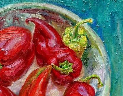 Oil painting Sweet pepper by Leonid Pavlenko: vibrant red green peppers on teal