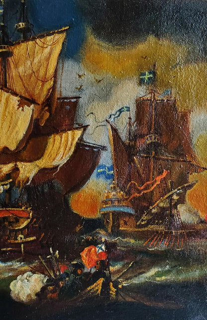 Daniil Litvinov oil painting of naval battle with ships under stormy skies
