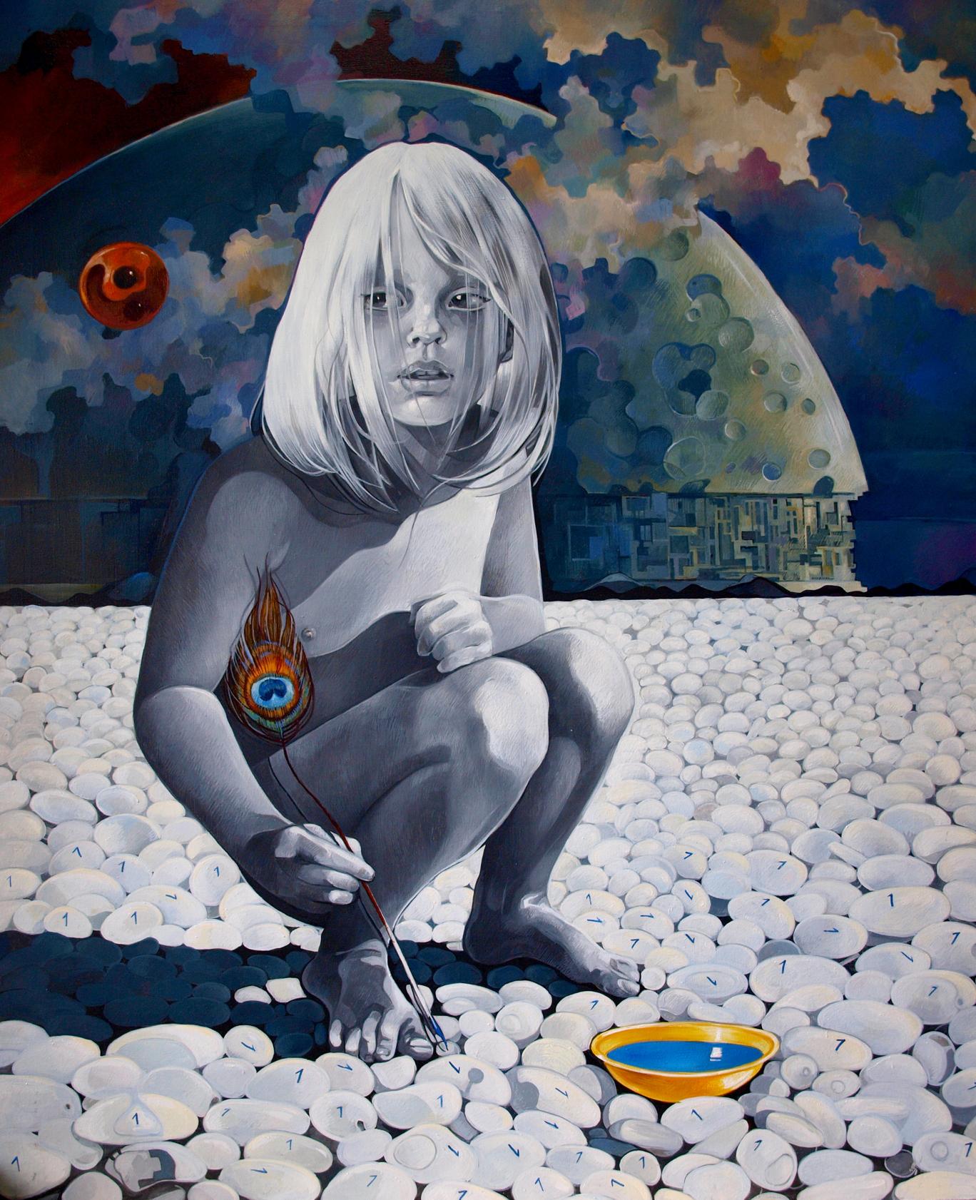 Surreal oil painting by Konsta G. Amelinn: girl with white hair, paintbrush, peacock feather, blue liquid bowl, white stones