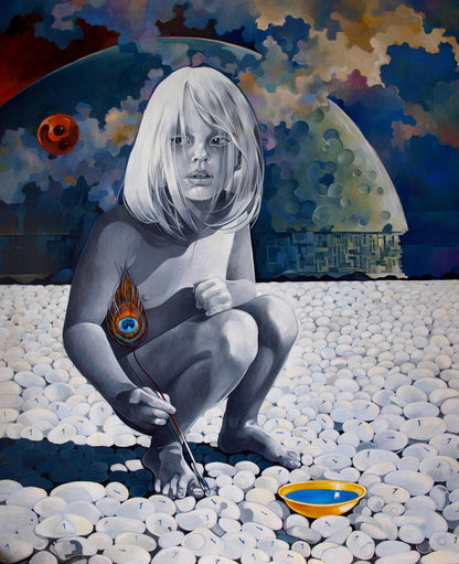 Surreal oil painting by Konsta G. Amelinn: girl with white hair, paintbrush, peacock feather, blue liquid bowl, white stones