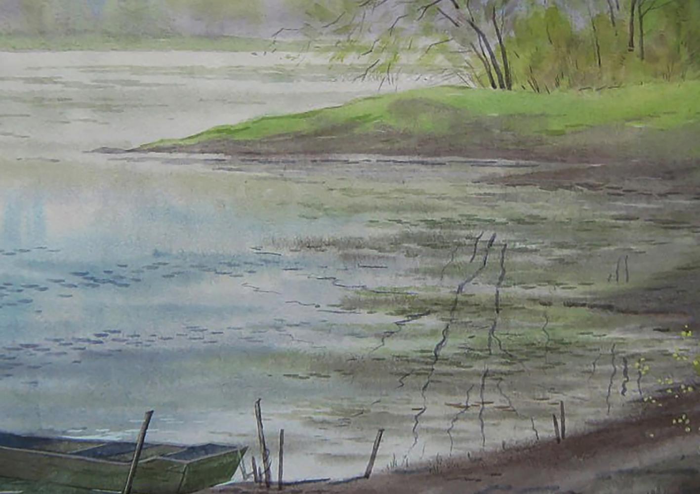 Watercolor painting of old green wooden rowboat by river by Valery Savenets