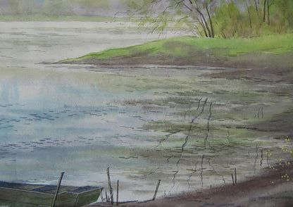 Watercolor painting of old green wooden rowboat by river by Valery Savenets