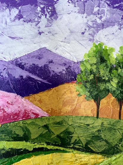 Vibrant oil painting by V. Zadorozhnya: purple mountains, green fields, lush tree