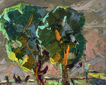 Vibrant impressionist oil painting of moonlit tree by Oksana Ivanyuk