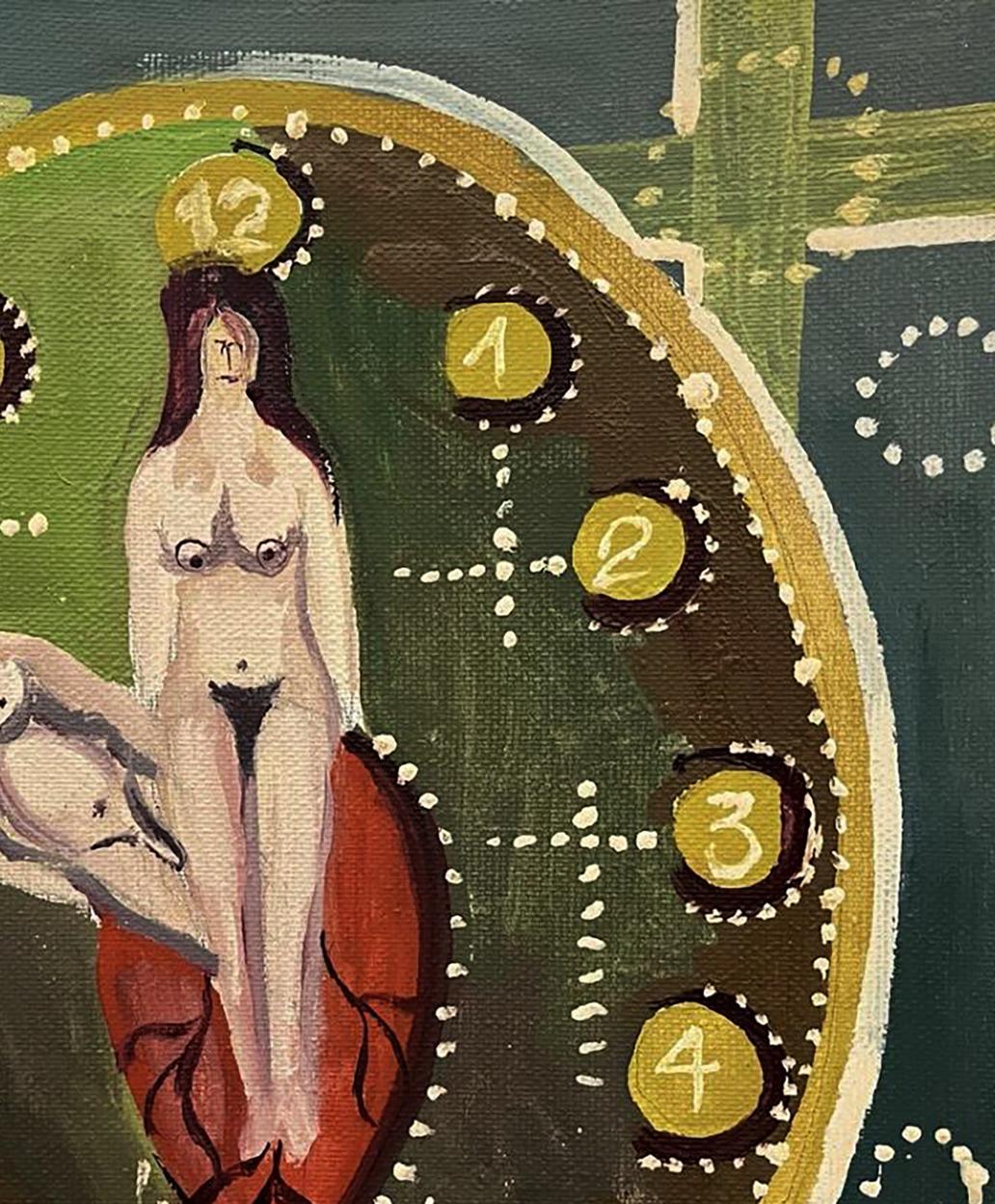 Oil painting by Eduard Emelyantsev: nude woman in abstract clock face