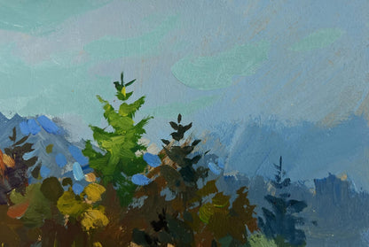 Oil painting of snowy forest with green pine tree by Yuriy Suprunchuk