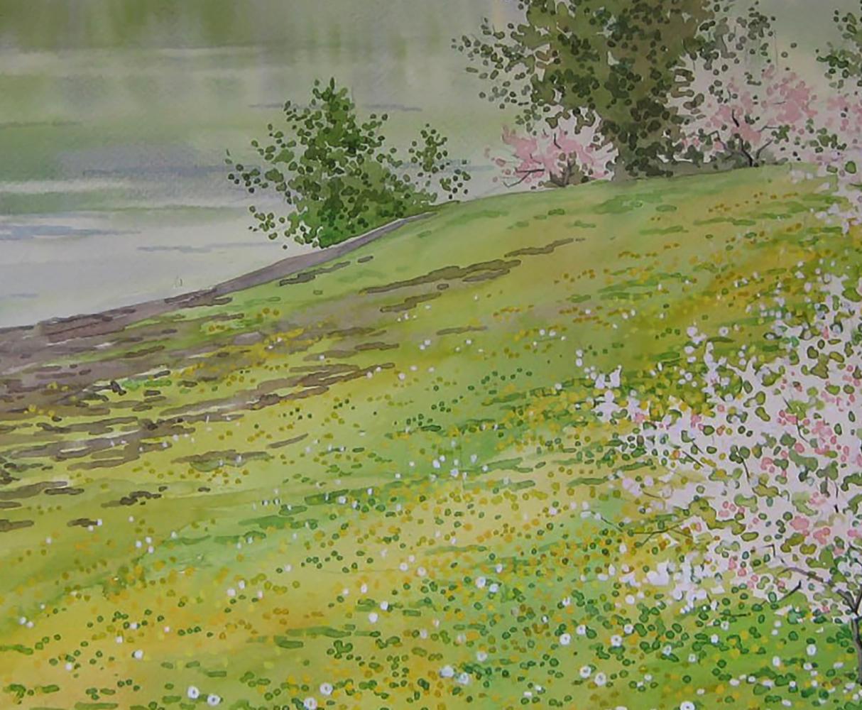 Watercolor painting of blooming trees on green hillside by shore by Valery Savenets