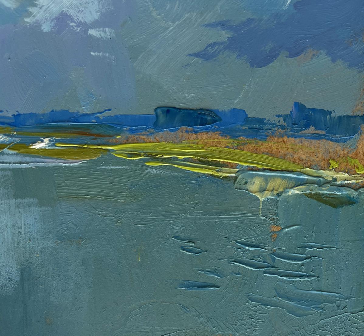 Oil painting Summer flood of the river by Yuriy Suprunchuk, abstract blue green ochre landscape