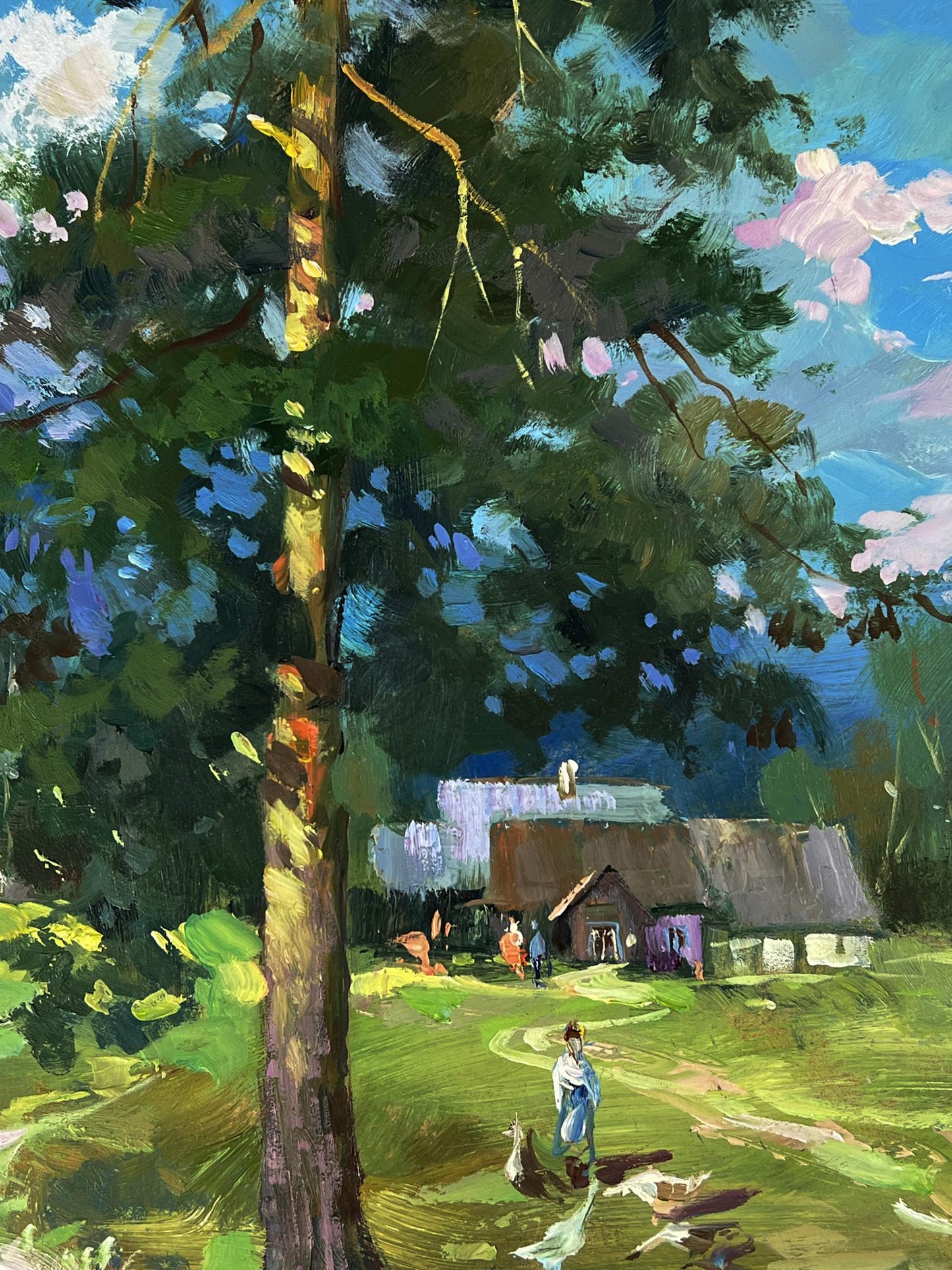 Oil painting of rustic thatched house in swamps near village by Yuriy Suprunchuk